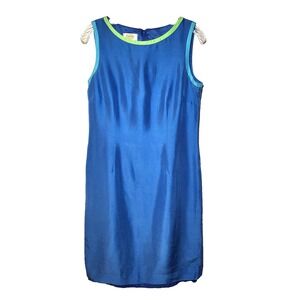 Talbots Blue Silk Sheath Lined Dress Rear Zip Contrast Trim Slit Size 8